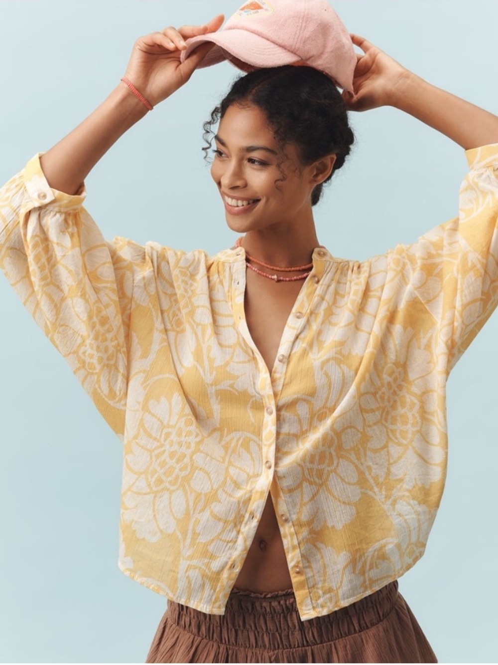 Pilcro Sydney Batwing Blouse in Yellow & White Floral - XS